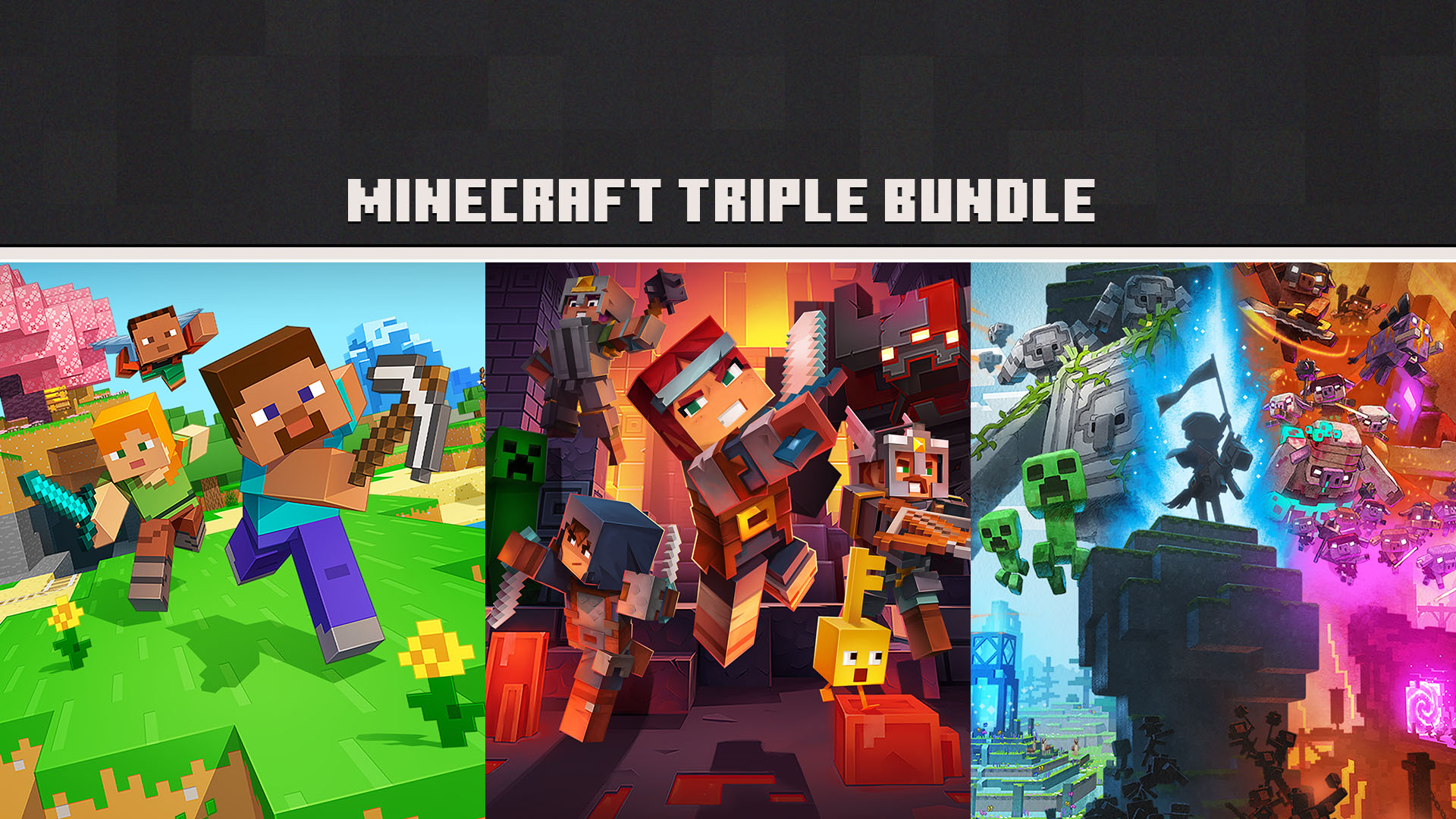 publicidad del paquete triple de juegos de Mojang: Minecraft, Minecraft Dungeons y Minecraft Legends